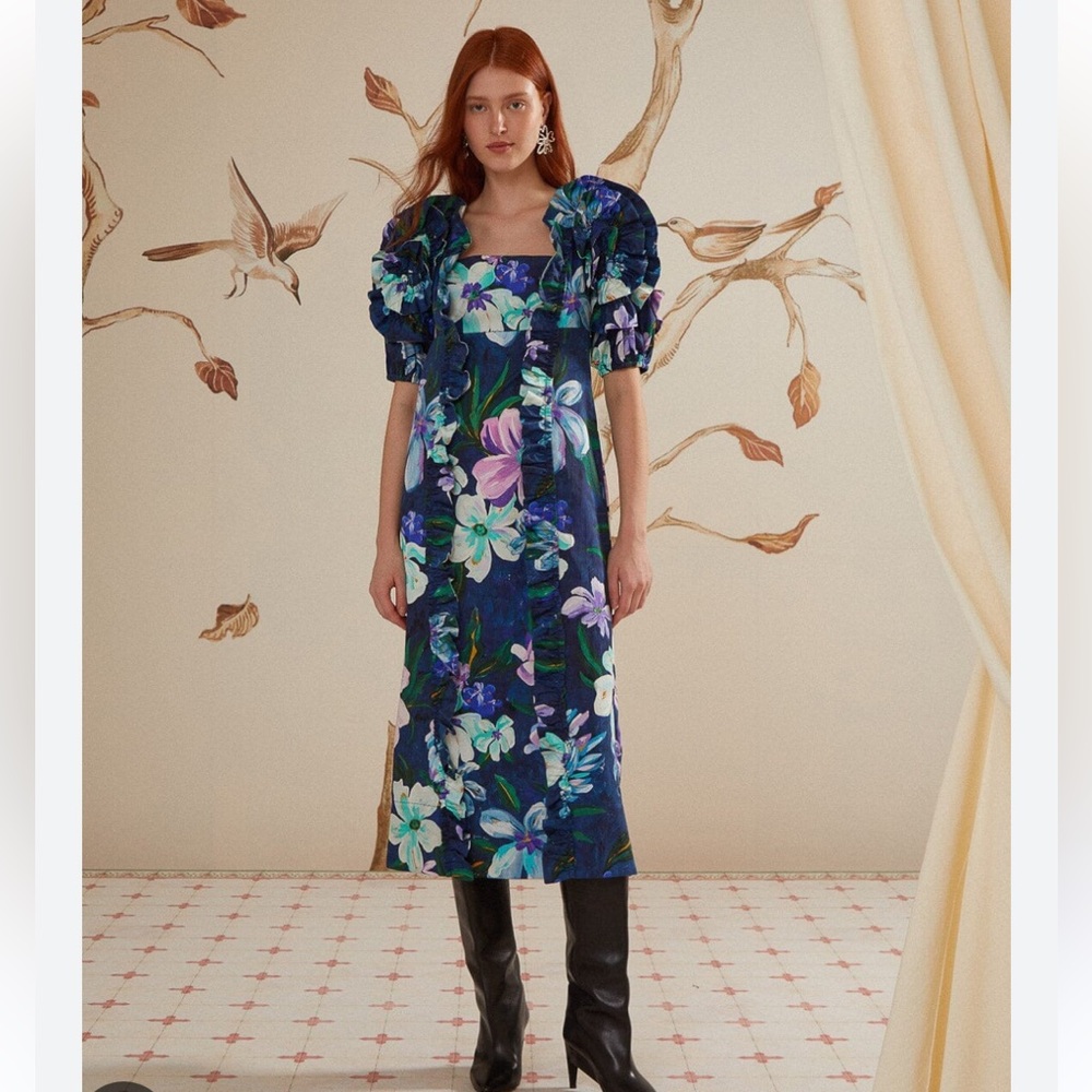 Farm Rio | FLORALINE RUFFLE SHORT SLEEVE MIDI DRESS